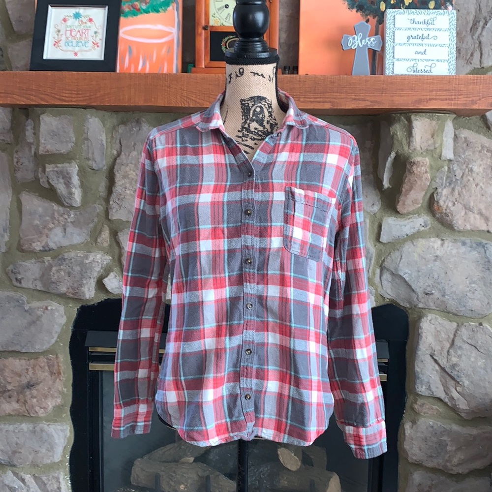 Hollister M Ladies Plaid Shirt Gray, Red, White